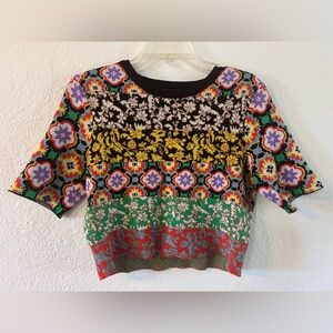 ALICE + OLIVIA Ciara Mixed-Pattern Crewneck Sweater Size Medium Midriff
